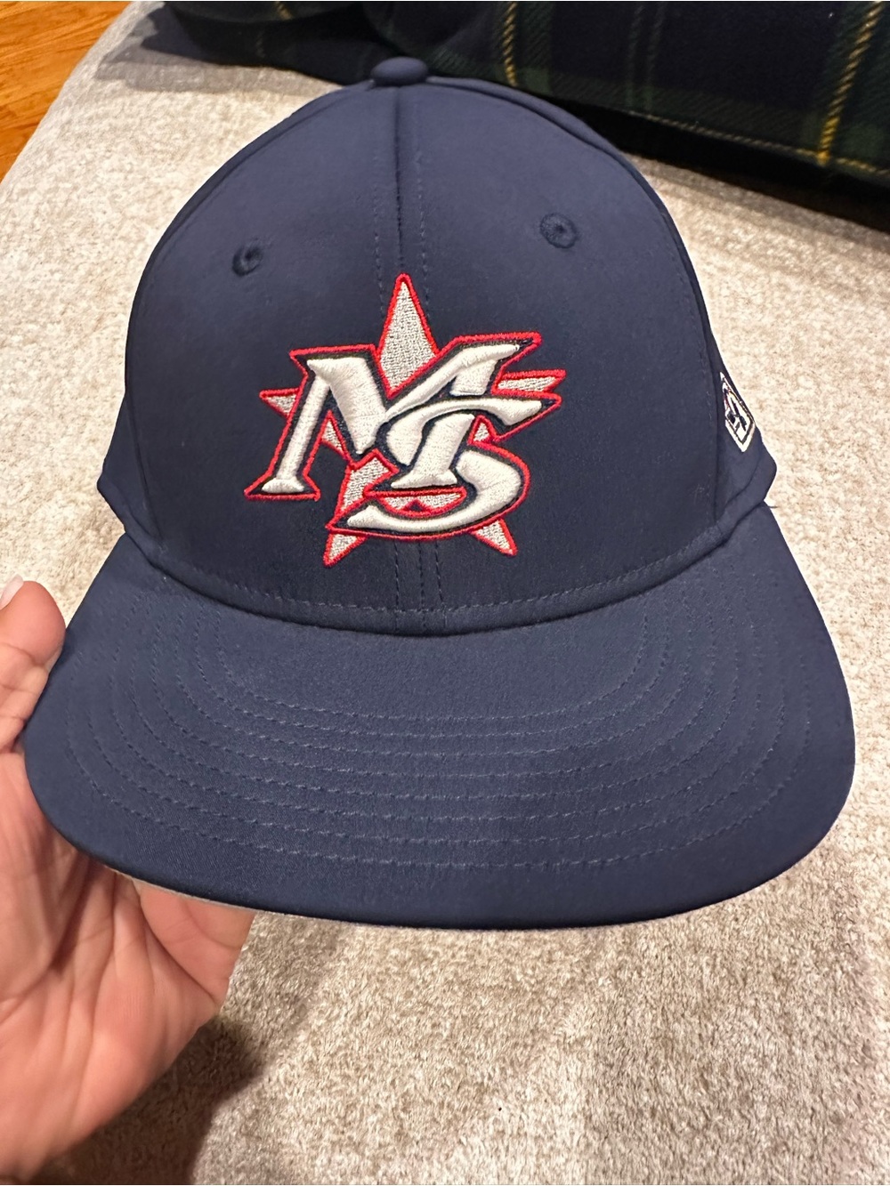Men's Navy Blue Baseball Cap with Red & White Embroidered Logo